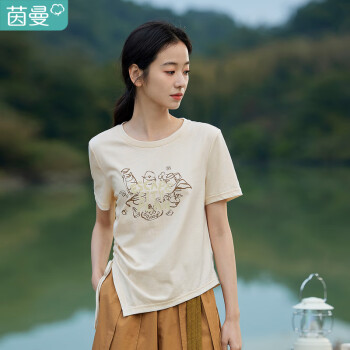 茵曼（INMAN）小众不规则抽绳印花T恤女夏季短袖休闲百搭18322|147白杏M	