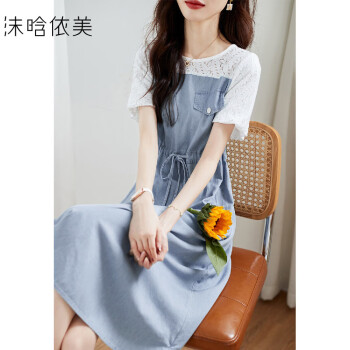 【简约镂空拼接】2023夏季新款圆领泡泡袖薄款牛仔收腰连衣裙牛仔蓝色L	