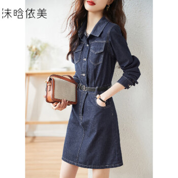 【气质牛仔裙子】春秋款简约配腰带衬衫领长袖休闲连衣裙牛仔蓝色M	