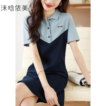 夏季撞色拼接Polo领短袖柔软透气时尚休闲连衣裙藏青拼蓝M	