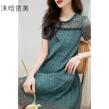 【植绒碎花裙子】夏季圆领短袖小荷叶边雪纺女连衣裙绿色M	