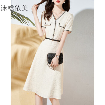 【小香风肌理感裙子】夏款时尚V领精致女人气质显瘦连衣裙米白色M	