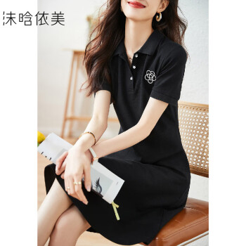 【山茶花刺绣图案POLO连衣裙】夏季运动休闲连衣裙黑色XL	